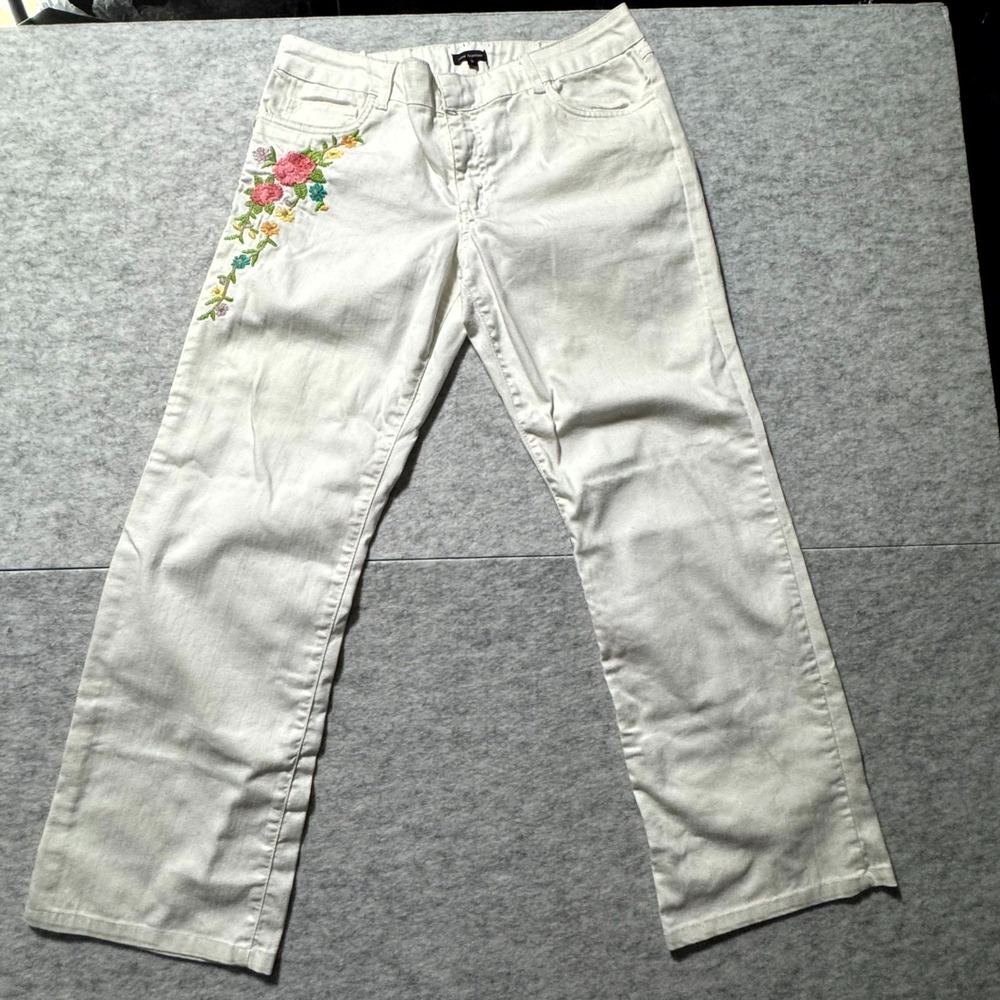 New Frontier Womens White Straight Leg Floral Embroidered Jeans Size 12 Cotton